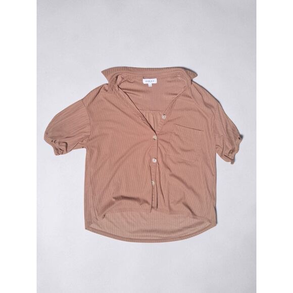 Gilli Tops - Gilli MGilli Mauve Tan Ribbed Short Sleeve Button Down Top Size M